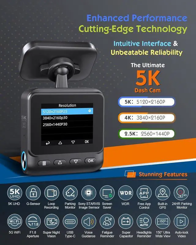 Alt view image 2 of 7 - Sarmert C1 5K Dash Cam Front - Built-in GPS and 5G WiFi, Sony STARVIS Sensor, HDR Night Vision Car Camera, 5K/4K/2.5K UHD Dash Camera for Cars, Loop Recording, WDR, G-Sensor, 24H Parking Mode