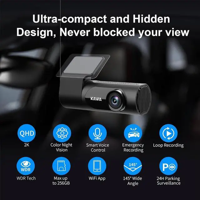 Alt view image 6 of 7 - KAWA Dash Cam 2K, WiFi Dash Camera for Cars 1440P with Hand-Free Voice Control, Night Vision, Mini Hidden Dashcam Front, Emergency Lock, Loop Recording, 24-Hour Parking Monitor, APP, Support 256GB Max