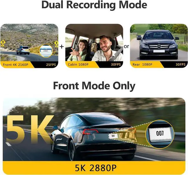 Alt view image 3 of 6 - Z-Edge T3P 4K Dash Cam Front and Rear, 5K Front Dash Cam, 2K 1440P+1080P+1080P WiFi Car Camera, GPS, IR Night Vision, Super Capacitor, 64GB Card Included