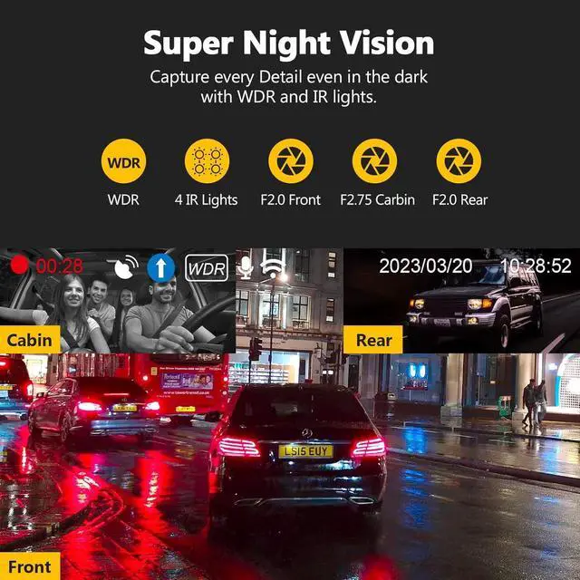 Alt view image 4 of 6 - Z-Edge T3P 4K Dash Cam Front and Rear, 5K Front Dash Cam, 2K 1440P+1080P+1080P WiFi Car Camera, GPS, IR Night Vision, Super Capacitor, 64GB Card Included