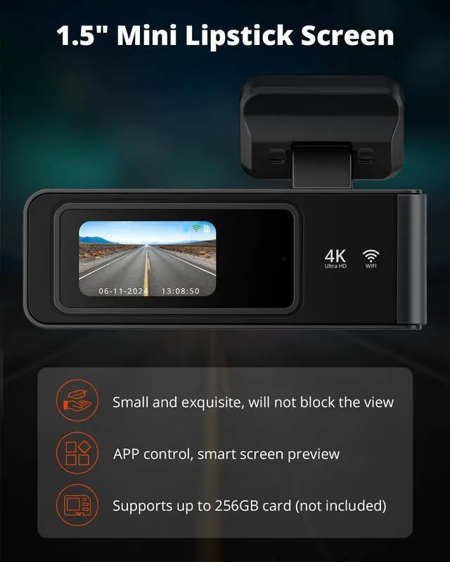 Alt view image 6 of 7 - Kingslim E4 4K Dash Cam Front and Rear, WiFi Front 4K Rear 1080P Dual Dash Camera for Cars, Mini Dashcam with APP Control, Night Vision, Parking Mode