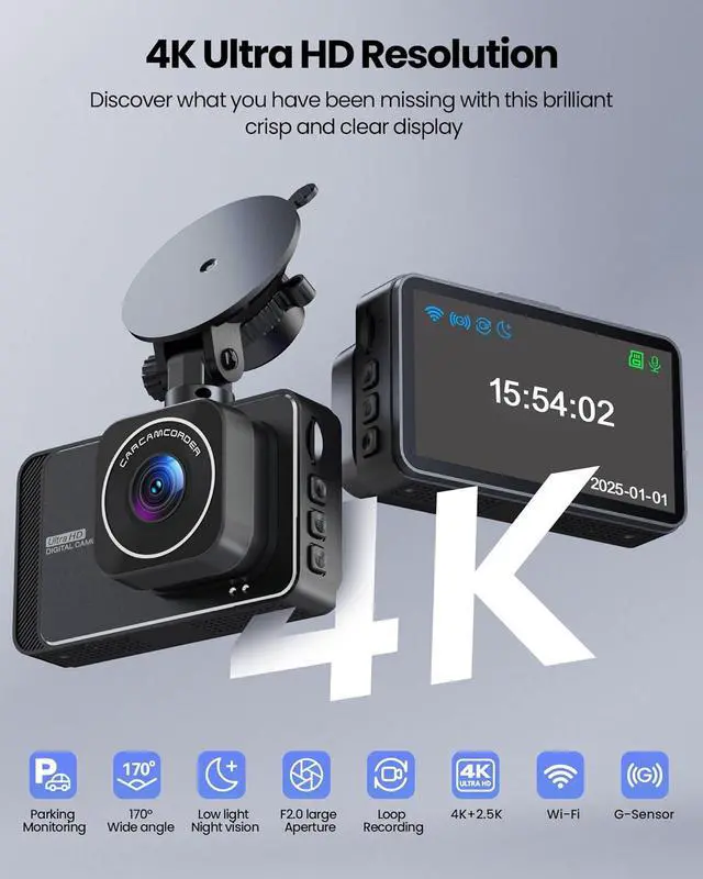 Alt view image 2 of 7 - Dash Cam, 4K Ultra HD Front Camera+2K Rear Cameras, 5G WiFi - Fastest Download speeds app, Support iOS Android,WDR Night Vision, Car Camera with 3" IPS Screen 32GB Card,24H Parking Mode