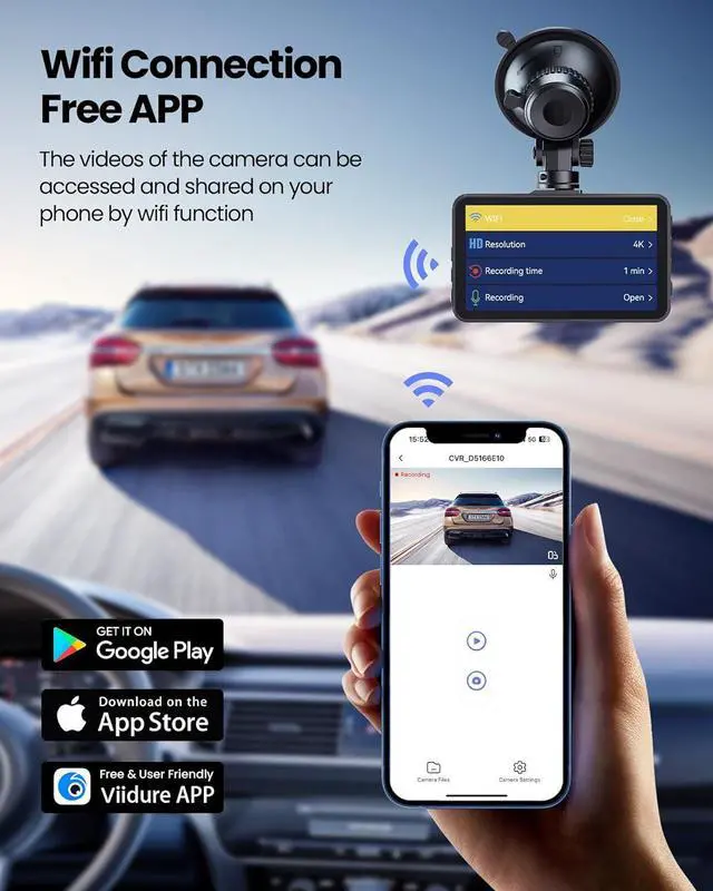Alt view image 3 of 7 - Dash Cam, 4K Ultra HD Front Camera+2K Rear Cameras, 5G WiFi - Fastest Download speeds app, Support iOS Android,WDR Night Vision, Car Camera with 3" IPS Screen 32GB Card,24H Parking Mode