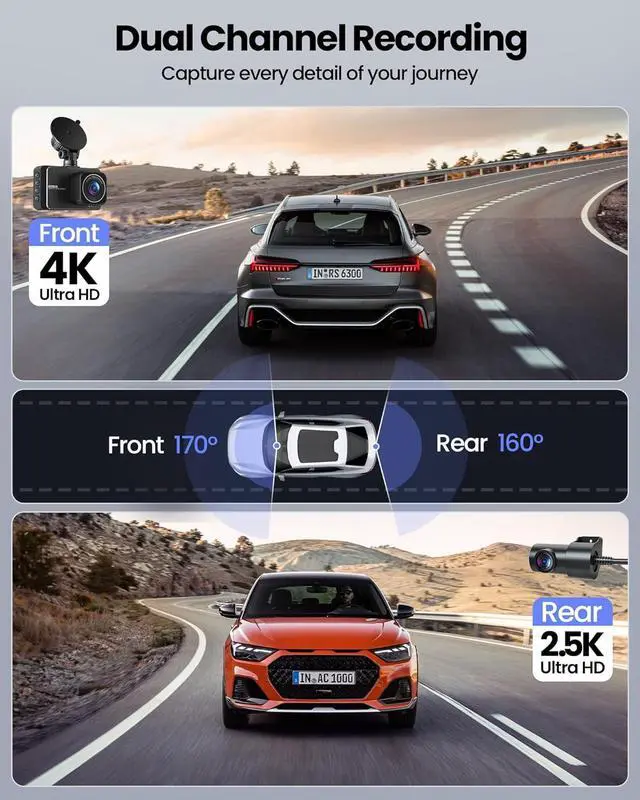 Alt view image 4 of 7 - Dash Cam, 4K Ultra HD Front Camera+2K Rear Cameras, 5G WiFi - Fastest Download speeds app, Support iOS Android,WDR Night Vision, Car Camera with 3" IPS Screen 32GB Card,24H Parking Mode