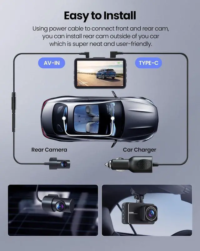 Alt view image 6 of 7 - Dash Cam, 4K Ultra HD Front Camera+2K Rear Cameras, 5G WiFi - Fastest Download speeds app, Support iOS Android,WDR Night Vision, Car Camera with 3" IPS Screen 32GB Card,24H Parking Mode