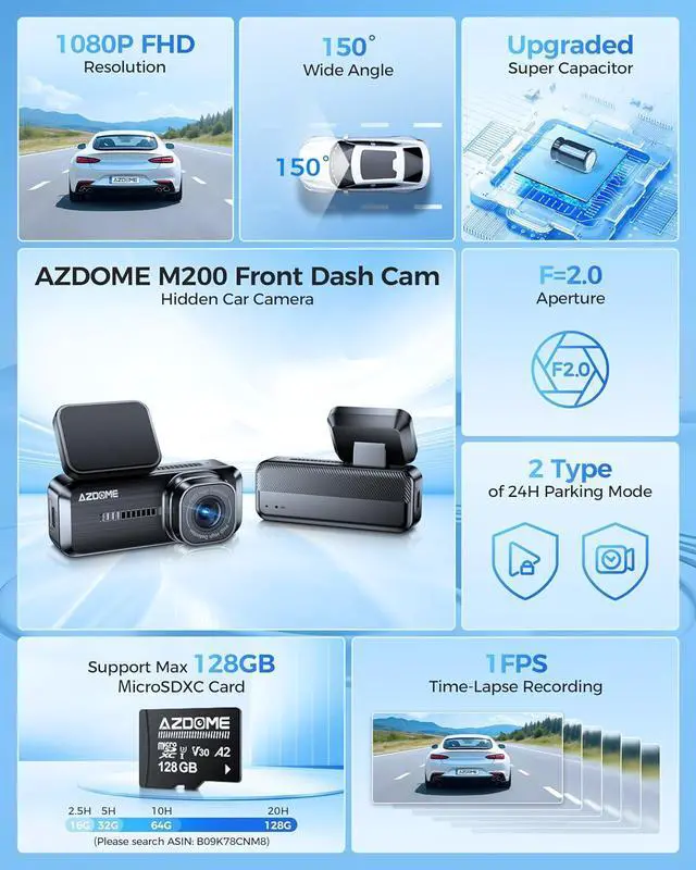Alt view image 2 of 7 - Azdome M200 Mini Dash Cam WiFi Dashcam, 1080P Front Dash Camera for Cars, Hidden Car Camera with 24H Parking Mode G-Sensor Night Vision, AZDOME APP, Loop Recording, Support 128GB Max, Easy to Install