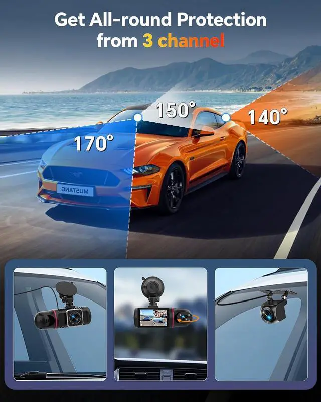 Alt view image 3 of 7 - 3 Channel Dash Cam Front and Rear Inside, 1080P Dash Camera for Cars with 64GB Card, Super Night Vision Dashcam, Car Camera with Loop Recording, G-Sensor, WDR, Motion Detection