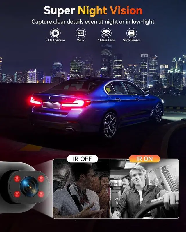 Alt view image 4 of 7 - 3 Channel Dash Cam Front and Rear Inside, 1080P Dash Camera for Cars with 64GB Card, Super Night Vision Dashcam, Car Camera with Loop Recording, G-Sensor, WDR, Motion Detection