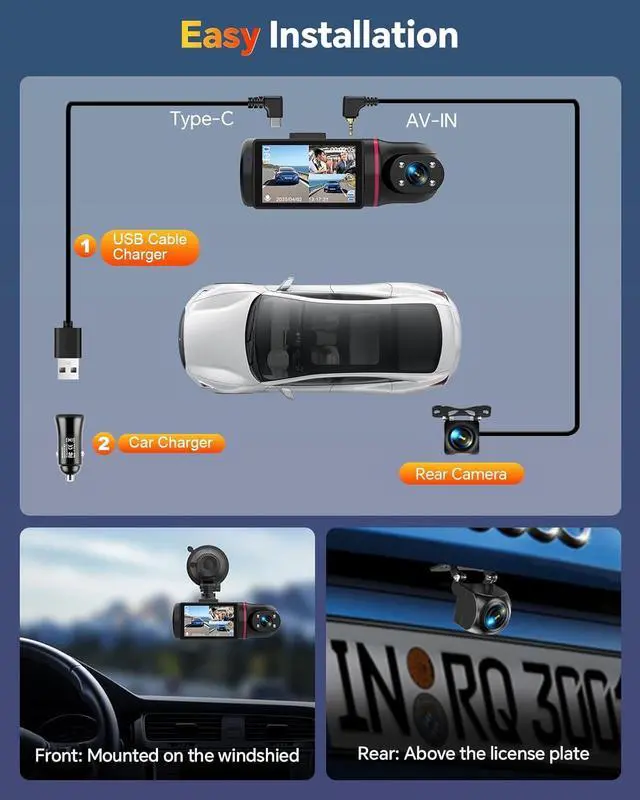Alt view image 7 of 7 - 3 Channel Dash Cam Front and Rear Inside, 1080P Dash Camera for Cars with 64GB Card, Super Night Vision Dashcam, Car Camera with Loop Recording, G-Sensor, WDR, Motion Detection