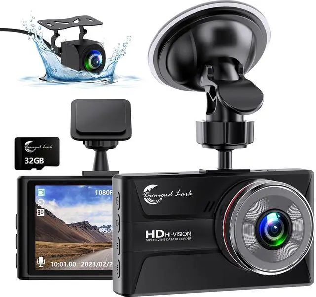 Main image of 1080P Dash Cam Front and Rear with 32GB SD Card, Diamond Lark Dual Dash Camera for Cars, 3 LCD Screen Dashcam with Type-C Port, HDR, G-Sensor, Loop Recording, Parking Monitor, Night Vision