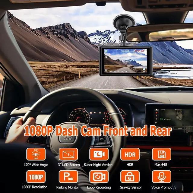 Alt view image 2 of 7 - 1080P Dash Cam Front and Rear with 32GB SD Card, Diamond Lark Dual Dash Camera for Cars, 3 LCD Screen Dashcam with Type-C Port, HDR, G-Sensor, Loop Recording, Parking Monitor, Night Vision