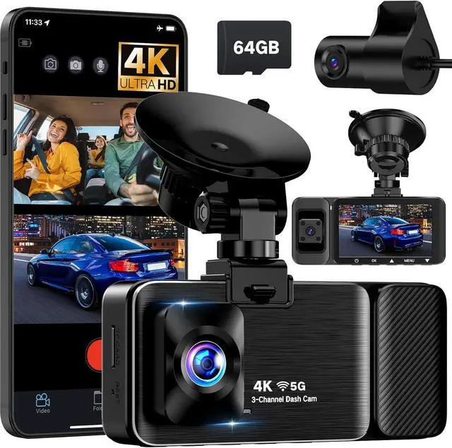 Main image of 4K Dash Cam Front and Rear Inside, 3 Channel Dash Camera for Cars with 64GB SD Card, 5G WiFi Dash Cam, APP Control, Night Vision, 3" IPS Screen, G-Sensor, Loop Recording, K02 Pro