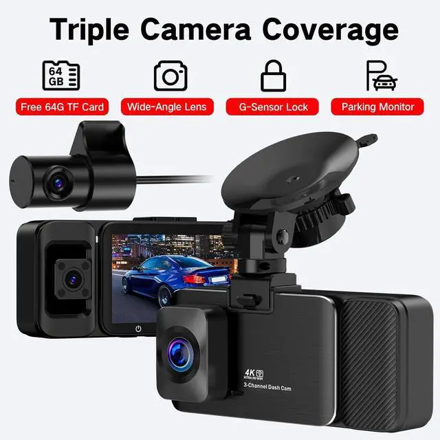 Alt view image 2 of 7 - 4K Dash Cam Front and Rear Inside, 3 Channel Dash Camera for Cars with 64GB SD Card, 5G WiFi Dash Cam, APP Control, Night Vision, 3" IPS Screen, G-Sensor, Loop Recording, K02 Pro
