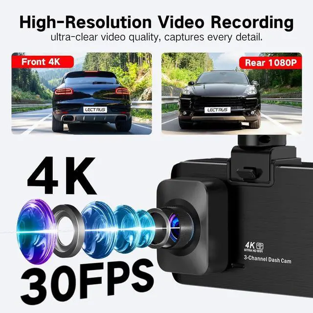 Alt view image 3 of 7 - 4K Dash Cam Front and Rear Inside, 3 Channel Dash Camera for Cars with 64GB SD Card, 5G WiFi Dash Cam, APP Control, Night Vision, 3" IPS Screen, G-Sensor, Loop Recording, K02 Pro
