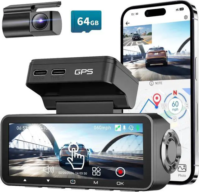 Main image of Dash Cam Front Rear, IMX415 Sensor 4K 30fps/2K 60fps+1080p, Touch Screen Dash Camera for Car, Voice Control, Built-in GPS WiFi, HDR Night Vision, 64GB Card, 160° Wide Angle, 24H Parking Monitoring