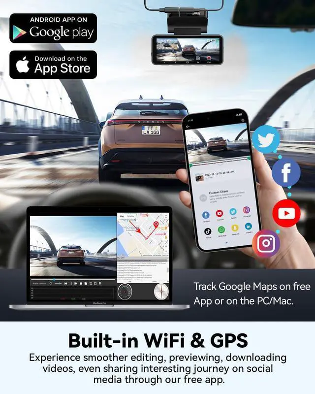 Alt view image 7 of 7 - Dash Cam Front Rear, IMX415 Sensor 4K 30fps/2K 60fps+1080p, Touch Screen Dash Camera for Car, Voice Control, Built-in GPS WiFi, HDR Night Vision, 64GB Card, 160° Wide Angle, 24H Parking Monitoring