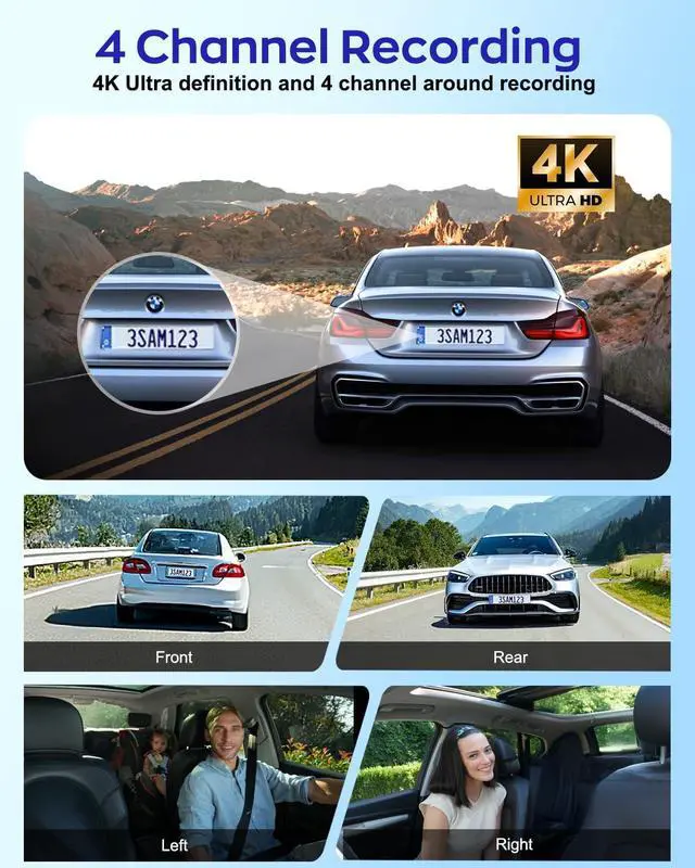 Alt view image 4 of 7 - 4K Dash Cam 360° View,4 Channel Front and Rear Dash Camera for Cars,Built-in 5GHz Wi-Fi GPS, Voice Control, Free 128G Card,Night Vision,24H Parking Mode,G-Sensor