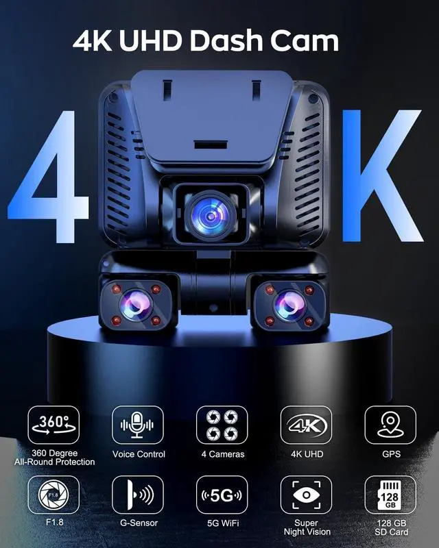 Alt view image 3 of 7 - 4K Dash Cam 360° View,4 Channel Front and Rear Dash Camera for Cars,Built-in 5GHz Wi-Fi GPS, Voice Control, Free 128G Card,Night Vision,24H Parking Mode,G-Sensor