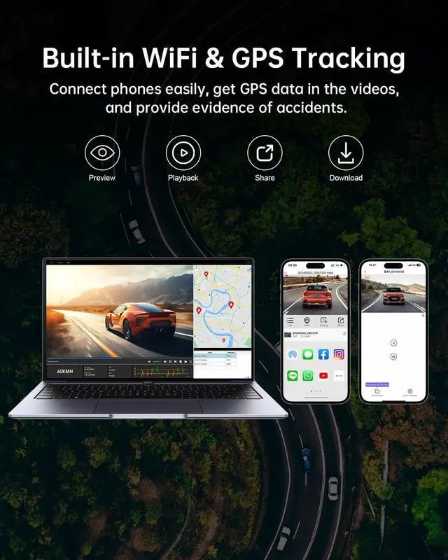 Alt view image 5 of 7 - 4K/2.5K Dash Cam Front and Rear, Dual Dash Camera for Cars, Included 64GB Card, Built-in Wi-Fi GPS,Car Camera with 3.20" IPS Screen,UHD Night Vision, Loop Recording, WDR, 24H Parking Monitor