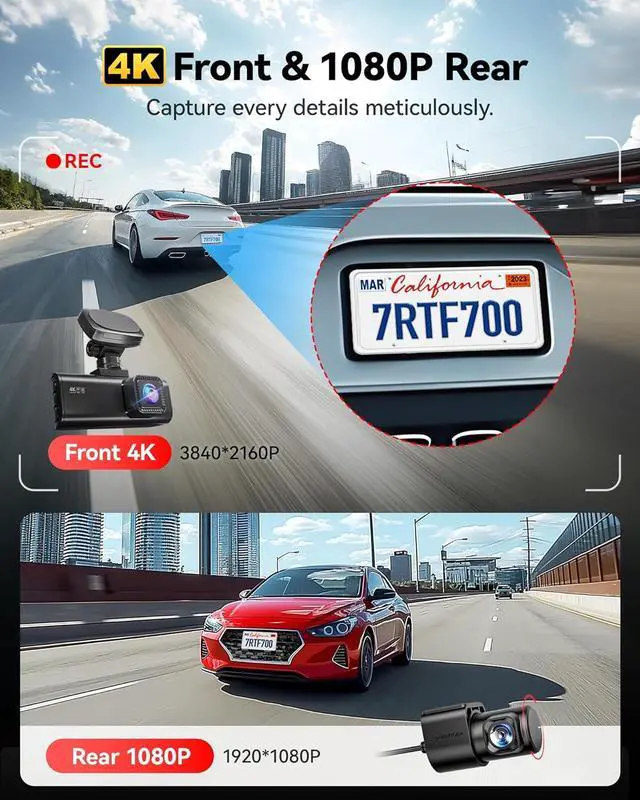 Alt view image 2 of 7 - REDTIGER 4K Dash Cam Front and Rear, STARVIS 2 Sensor, 64GB Card Included, 4K/2.5K+1080P Dual Dash Camera for Cars Built-in WiFi GPS, 3.18 Inch IPS Screen, 170° Wide Angle, Parking Monitor (F7N Pro)