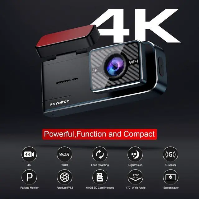 Alt view image 2 of 7 - Dash Cam Front 4K WiFi Dashcam with 64GB SD Card 2160P Dash Camera for Cars,Smart App Control,WDR,Super Night Vision,Parking Mode,G-Sensor,Loop Recording,Support 256GB Max