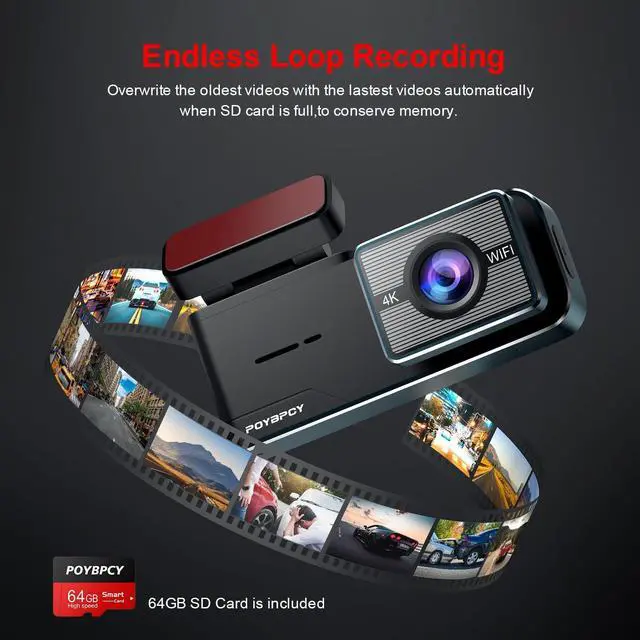 Alt view image 6 of 7 - Dash Cam Front 4K WiFi Dashcam with 64GB SD Card 2160P Dash Camera for Cars,Smart App Control,WDR,Super Night Vision,Parking Mode,G-Sensor,Loop Recording,Support 256GB Max