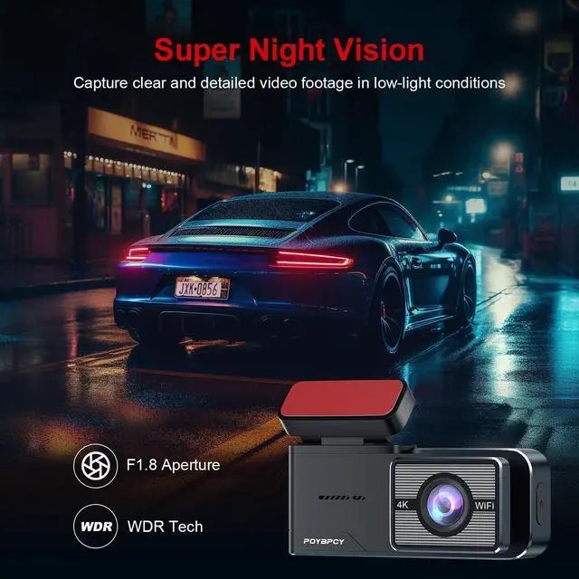 Alt view image 4 of 7 - Dash Cam Front 4K WiFi Dashcam with 64GB SD Card 2160P Dash Camera for Cars,Smart App Control,WDR,Super Night Vision,Parking Mode,G-Sensor,Loop Recording,Support 256GB Max