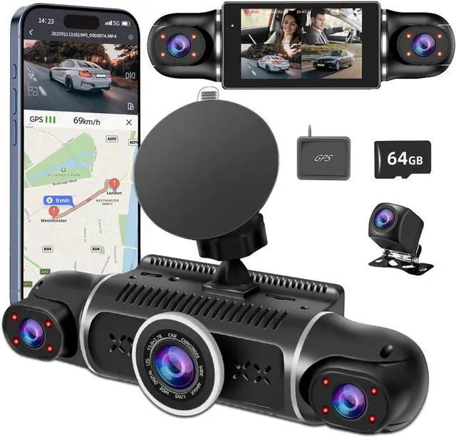 Main image of 360° Dash Cam Front and Rear View 4 Channel Dash Camera FHD 2K+1080Px3 for Car, Inside/Back 170°+2x150°+170° Wide Angle, 8 IR Lamps Night Vision,WiFi,GPS, APP,G-Sensor with 64GB Card,24/7 Parking Mode