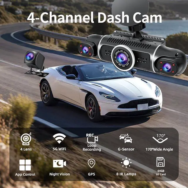 Alt view image 2 of 7 - 360° Dash Cam Front and Rear View 4 Channel Dash Camera FHD 2K+1080Px3 for Car, Inside/Back 170°+2x150°+170° Wide Angle, 8 IR Lamps Night Vision,WiFi,GPS, APP,G-Sensor with 64GB Card,24/7 Parking Mode
