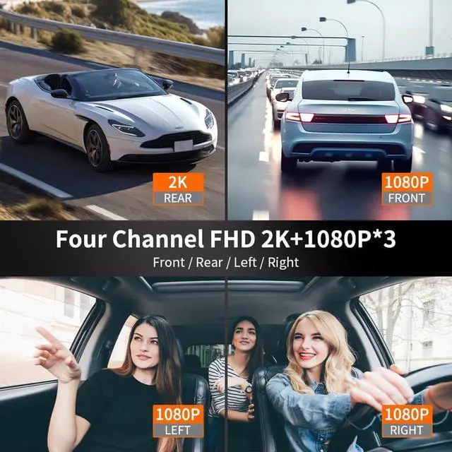 Alt view image 3 of 7 - 360° Dash Cam Front and Rear View 4 Channel Dash Camera FHD 2K+1080Px3 for Car, Inside/Back 170°+2x150°+170° Wide Angle, 8 IR Lamps Night Vision,WiFi,GPS, APP,G-Sensor with 64GB Card,24/7 Parking Mode