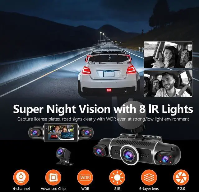 Alt view image 5 of 7 - 360° Dash Cam Front and Rear View 4 Channel Dash Camera FHD 2K+1080Px3 for Car, Inside/Back 170°+2x150°+170° Wide Angle, 8 IR Lamps Night Vision,WiFi,GPS, APP,G-Sensor with 64GB Card,24/7 Parking Mode
