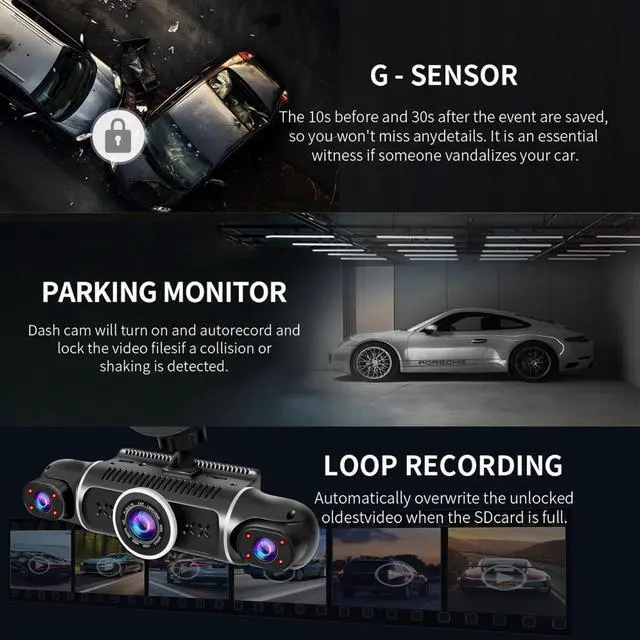 Alt view image 4 of 7 - 360° Dash Cam Front and Rear View 4 Channel Dash Camera FHD 2K+1080Px3 for Car, Inside/Back 170°+2x150°+170° Wide Angle, 8 IR Lamps Night Vision,WiFi,GPS, APP,G-Sensor with 64GB Card,24/7 Parking Mode
