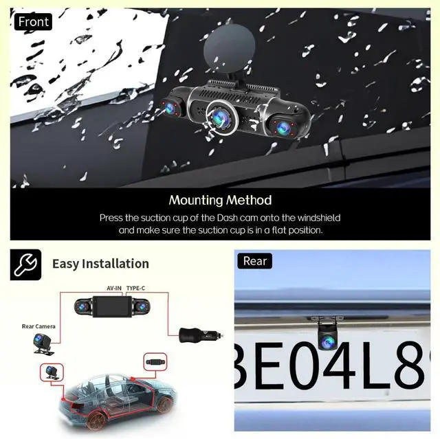 Alt view image 7 of 7 - 360° Dash Cam Front and Rear View 4 Channel Dash Camera FHD 2K+1080Px3 for Car, Inside/Back 170°+2x150°+170° Wide Angle, 8 IR Lamps Night Vision,WiFi,GPS, APP,G-Sensor with 64GB Card,24/7 Parking Mode