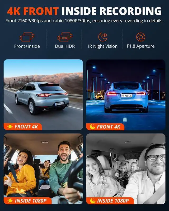 Alt view image 2 of 7 - Kingslim D6-4K Dual Dash Cam - WiFi & GPS 4K Front and 1080P Inside Type-C Uber Car Camera with Super Night Vision and 24-Hour Parking Monitor, 3 Channel Dash Cam Optional, Black