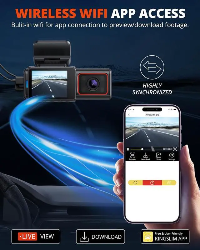 Alt view image 3 of 7 - Kingslim D6-4K Dual Dash Cam - WiFi & GPS 4K Front and 1080P Inside Type-C Uber Car Camera with Super Night Vision and 24-Hour Parking Monitor, 3 Channel Dash Cam Optional, Black