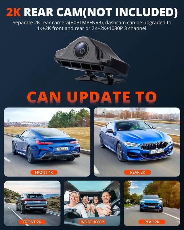 Alt view image 4 of 7 - Kingslim D6-4K Dual Dash Cam - WiFi & GPS 4K Front and 1080P Inside Type-C Uber Car Camera with Super Night Vision and 24-Hour Parking Monitor, 3 Channel Dash Cam Optional, Black