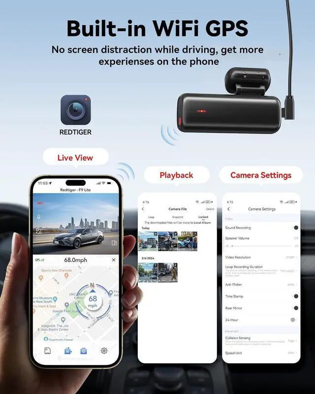 Alt view image 5 of 7 - REDTIGER 4K Dash Cam Front, ADAS, Built-in WiFi GPS, Mini Hidden Dash Camera for Cars with G Sensor, 24H Parking Monitor, Free 32GB Memory Card, APP Control, Loop Recording, Night Vision (F9 Lite)