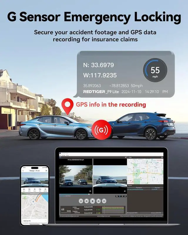 Alt view image 6 of 7 - REDTIGER 4K Dash Cam Front, ADAS, Built-in WiFi GPS, Mini Hidden Dash Camera for Cars with G Sensor, 24H Parking Monitor, Free 32GB Memory Card, APP Control, Loop Recording, Night Vision (F9 Lite)