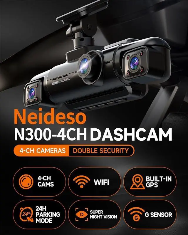 Alt view image 3 of 7 - 360° Dash Cam Front and Rear Inside, 4 Channel FHD 4 * 1080P, Wi-Fi GPS Voice Control Car Camera, Front 2K+1080P*2 Dash Camera for Cars, with 64GB SD Card, Night Vision, 24H Parking Mode(N300)