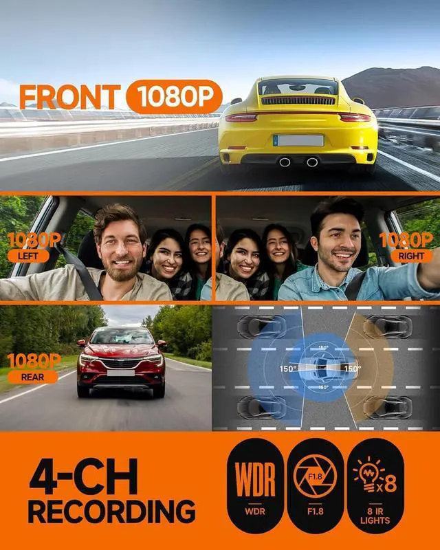 Alt view image 6 of 7 - 360° Dash Cam Front and Rear Inside, 4 Channel FHD 4 * 1080P, Wi-Fi GPS Voice Control Car Camera, Front 2K+1080P*2 Dash Camera for Cars, with 64GB SD Card, Night Vision, 24H Parking Mode(N300)