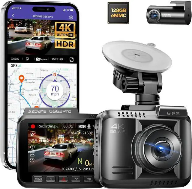 Main image of AZDOME 4K HDR Dash Cam with No-Light Full-Color Night Vision, 128GB eMMC, ADAS, 4K+1080P Dashcam Front and Rear, 5GHz WiFi GPS 24H Parking Mode Car Camera, GS63Pro