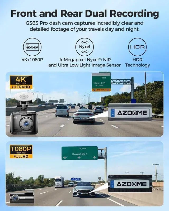 Alt view image 3 of 7 - AZDOME 4K HDR Dash Cam with No-Light Full-Color Night Vision, 128GB eMMC, ADAS, 4K+1080P Dashcam Front and Rear, 5GHz WiFi GPS 24H Parking Mode Car Camera, GS63Pro