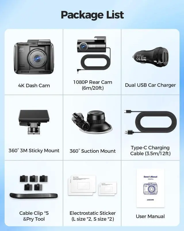 Alt view image 7 of 7 - AZDOME 4K HDR Dash Cam with No-Light Full-Color Night Vision, 128GB eMMC, ADAS, 4K+1080P Dashcam Front and Rear, 5GHz WiFi GPS 24H Parking Mode Car Camera, GS63Pro