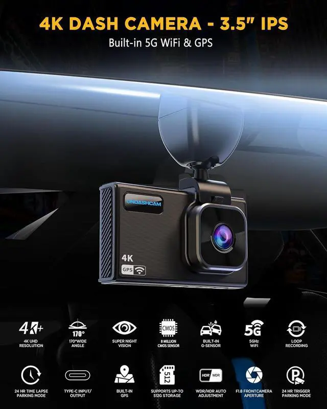 Alt view image 2 of 7 - Dash Cam, 4K Dash Camera for Cars with Night Vision, Dash Camera Built-in WiFi/GPS, 3.5" IPS Car Dash Cam with 170° Wide Angle, WDR, G-Sensor, Parking Mode, Support 512GB Max
