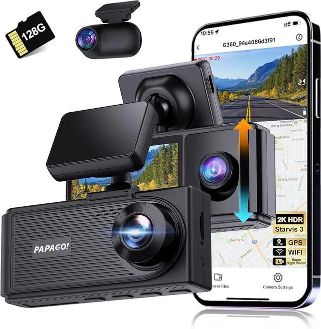 Main image of PAPAGO G360 Dash Cam, 3 Channel WiFi Built-in GPS Dashcam, STARVIS IR Night Vision, 2K+1080P+1080P Front Inside and Rear Triple Car Camera, Loop Recording, 128GB Card, Parking Monitor (G360US)