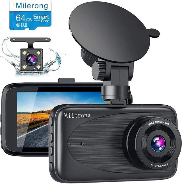 Main image of Dash Cam Front and Rear with 64GB Card, Milerong 1080P FHD Dashcam Front and Rear Camera, 3" IPS Screen Dash Camera for Cars with Night Vision,G-Sensor,Loop Recording,Parking Monitor