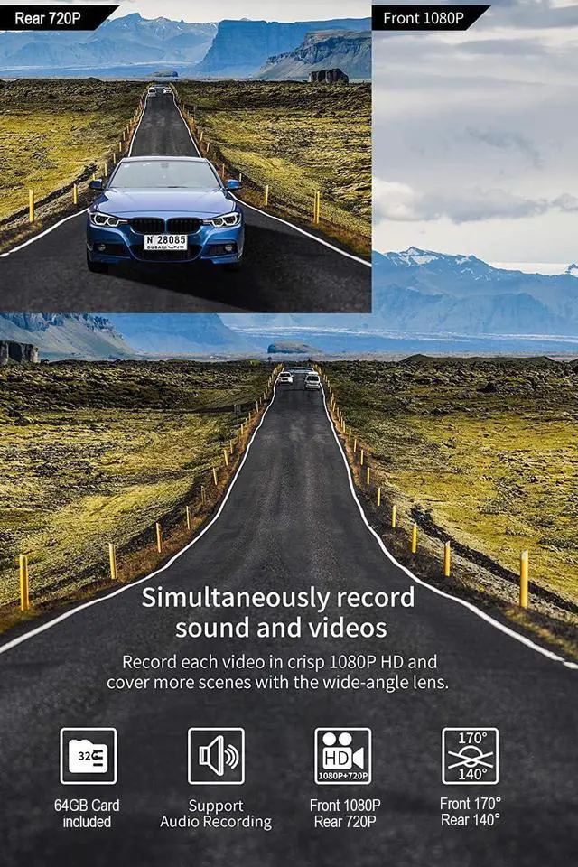 Alt view image 2 of 7 - Dash Cam Front and Rear with 64GB Card, Milerong 1080P FHD Dashcam Front and Rear Camera, 3" IPS Screen Dash Camera for Cars with Night Vision,G-Sensor,Loop Recording,Parking Monitor