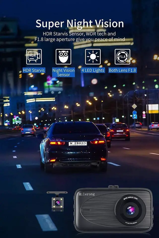Alt view image 4 of 7 - Dash Cam Front and Rear with 64GB Card, Milerong 1080P FHD Dashcam Front and Rear Camera, 3" IPS Screen Dash Camera for Cars with Night Vision,G-Sensor,Loop Recording,Parking Monitor