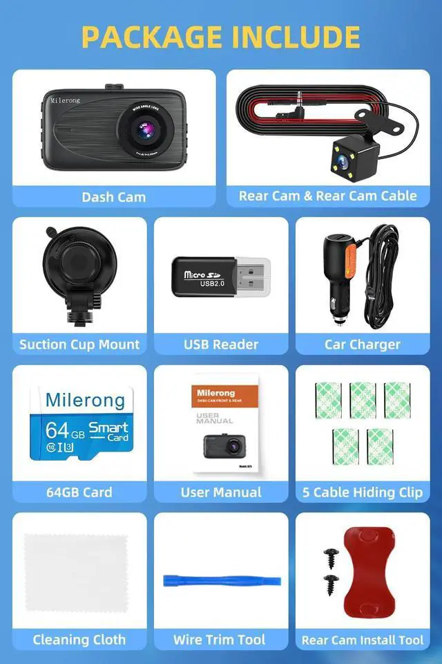 Alt view image 7 of 7 - Dash Cam Front and Rear with 64GB Card, Milerong 1080P FHD Dashcam Front and Rear Camera, 3" IPS Screen Dash Camera for Cars with Night Vision,G-Sensor,Loop Recording,Parking Monitor