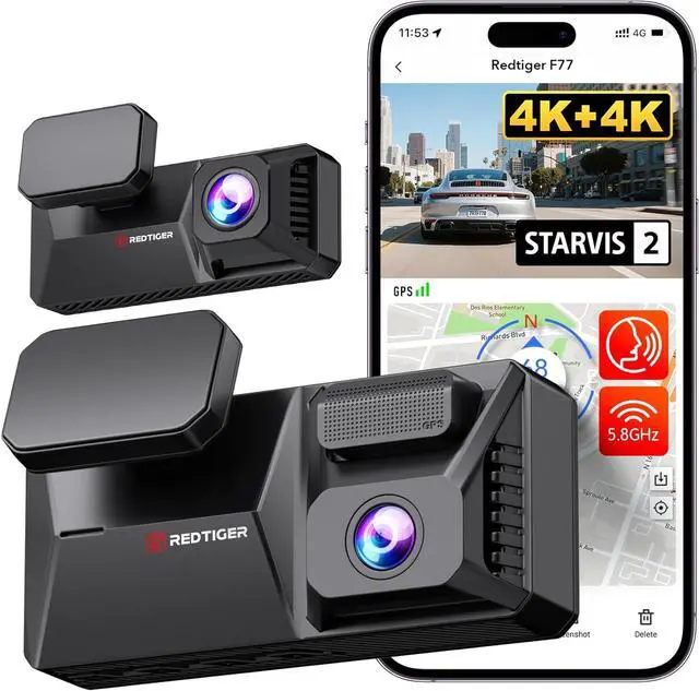 Main image of REDTIGER F77 4K+4K Front and Rear Dash Cam with HDR, Dual STARVIS 2 IMX678 Sensor, Voice Control Dash Camera for Cars with 128GB eMMC Storage, 5.8GHz WiFi, 4'' Touch Screen, 24H Parking Mode